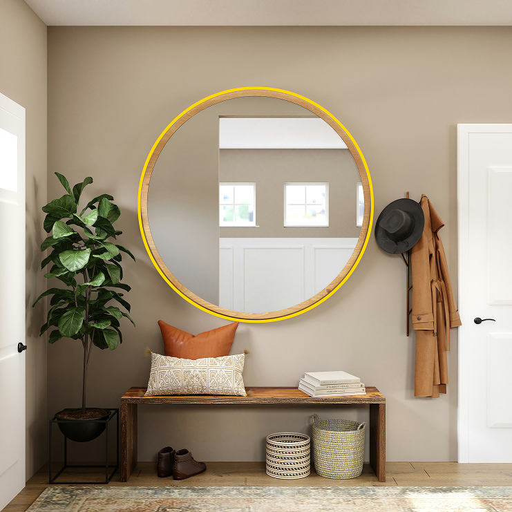 décoration intérieure à Rennes avec miroir rond et banc bois